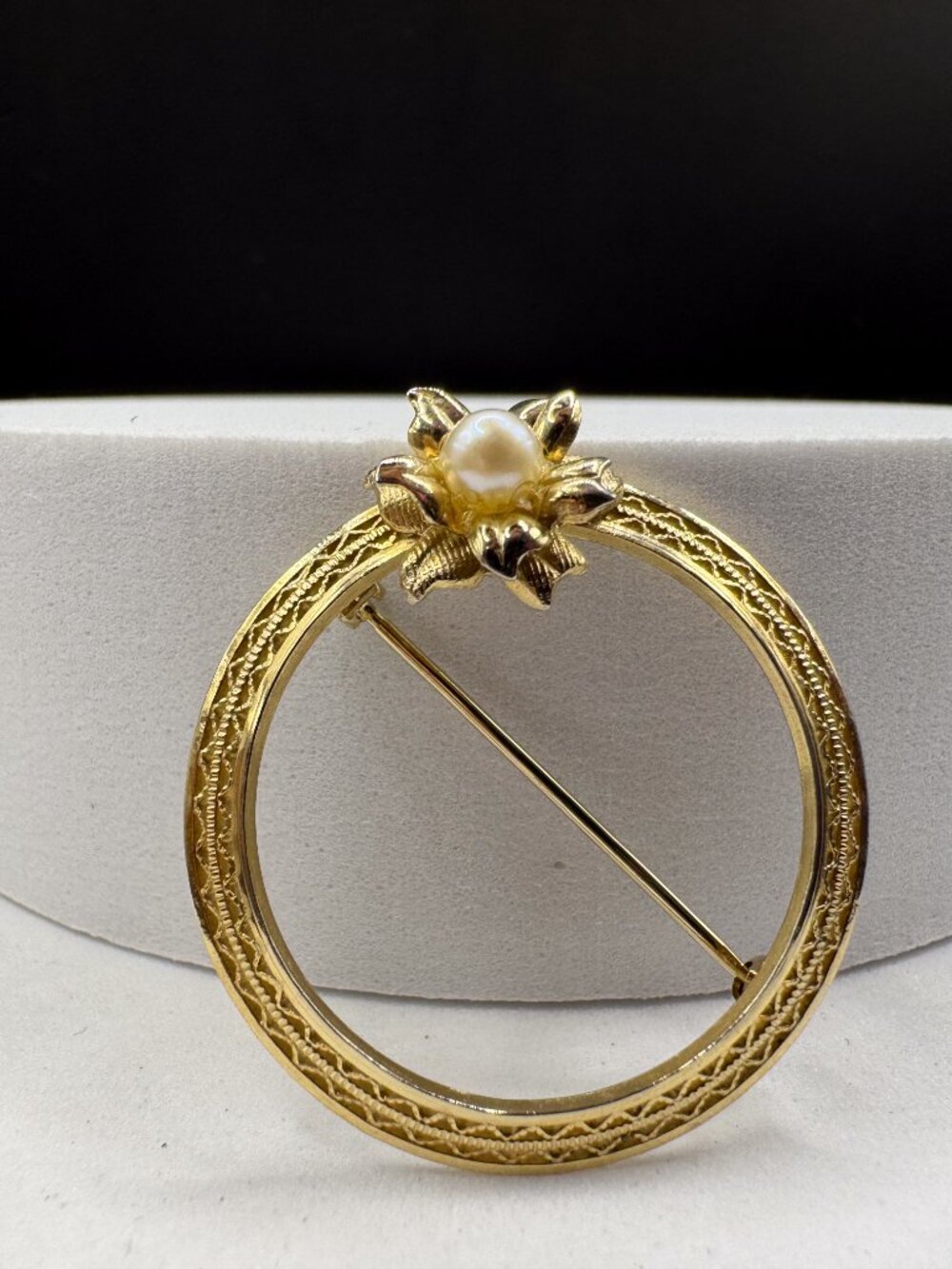 Vintage A&Z 12K Gold Filled Circle Brooch Pin Pearl Flower Mid Century GF